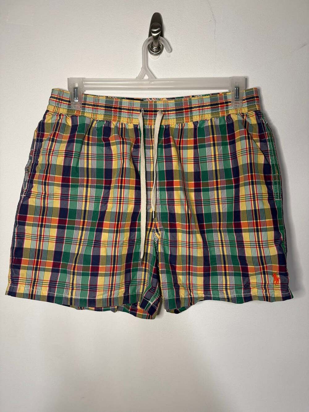 Vintage POLO Ralph Lauren Yellow Green Plaid Swim Shorts Trunks Large
